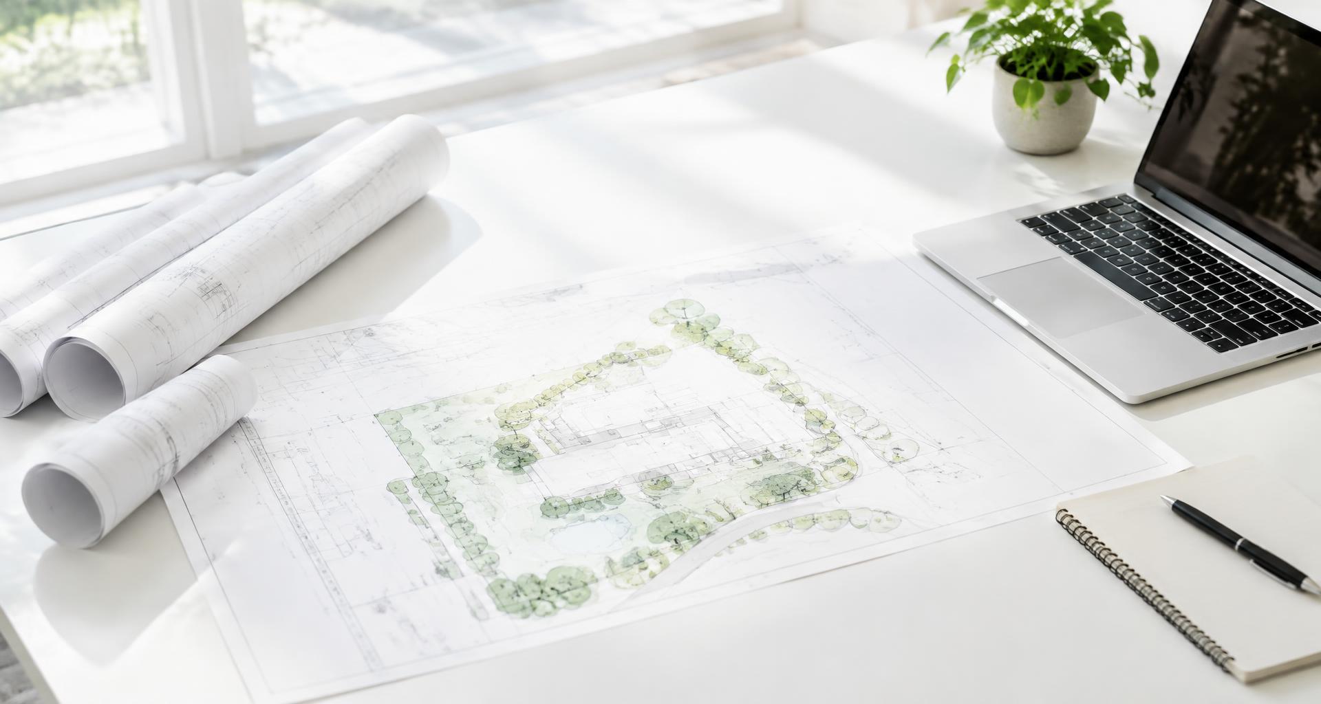 Rolled plans and drawings on a bright drafting table