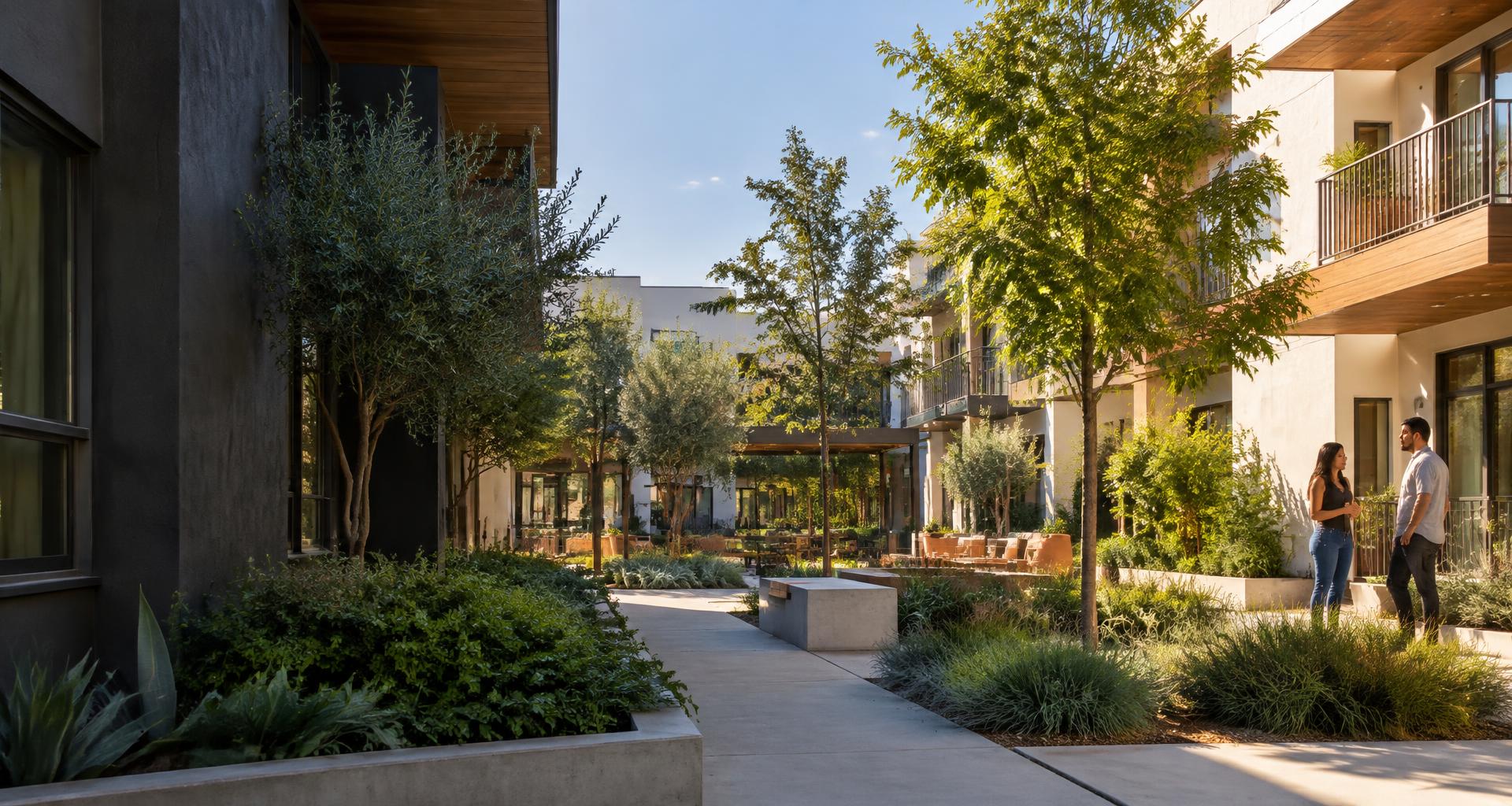 Neighbors talking in a sunlit apartment courtyard